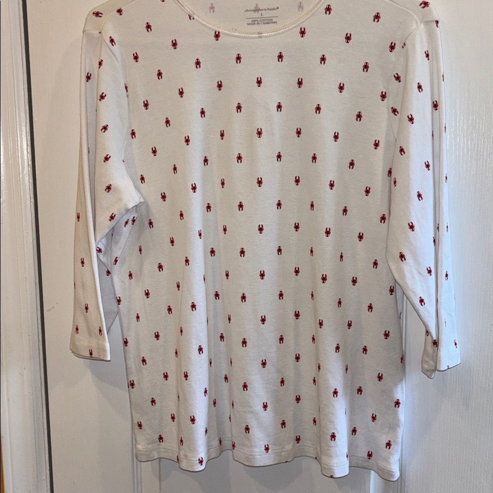 Christopher & Banks White Shirt with Red Lobster Design 100% COTTON
SIZE LARGE